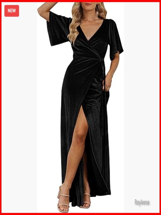 Dresses & Skirts - Velvet Maxi Dress V Neck Bell Sleeves Wrap Tie Waist Split Hem Formal